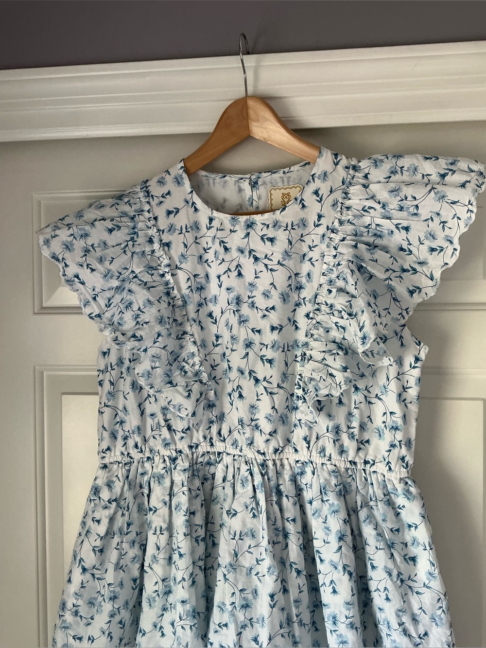 Simply Southern White with Blue Daisy Print Ruffle Sleeves Midi Tiered Dress L - Picture 3 of 15